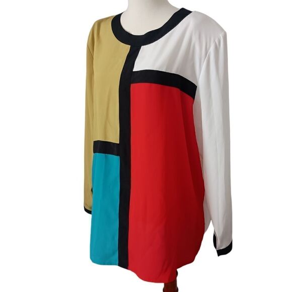 Galinda Wang Career Blouse 16W Silky Plus Size Colorblock Office Siren Corpcore - Picture 5 of 15